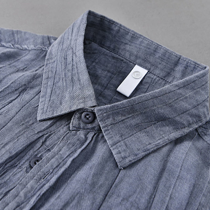 Buddha Stones無地 長袖 スタンドカラー シワ加工 ボタンダウン ラミーリネン メンズシャツ - image 1