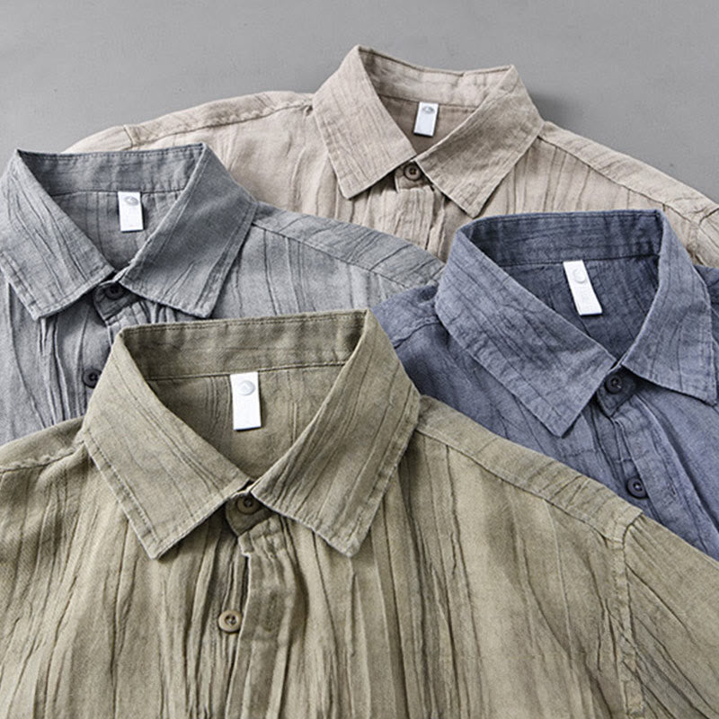 Buddha Stones無地 長袖 スタンドカラー シワ加工 ボタンダウン ラミーリネン メンズシャツ - image 20