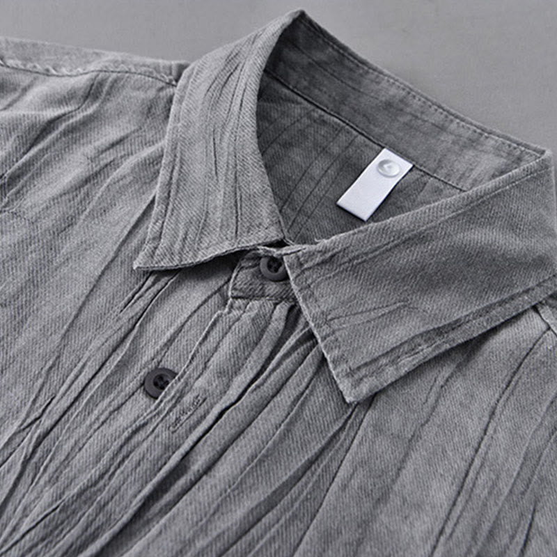 Buddha Stones無地 長袖 スタンドカラー シワ加工 ボタンダウン ラミーリネン メンズシャツ - image 5