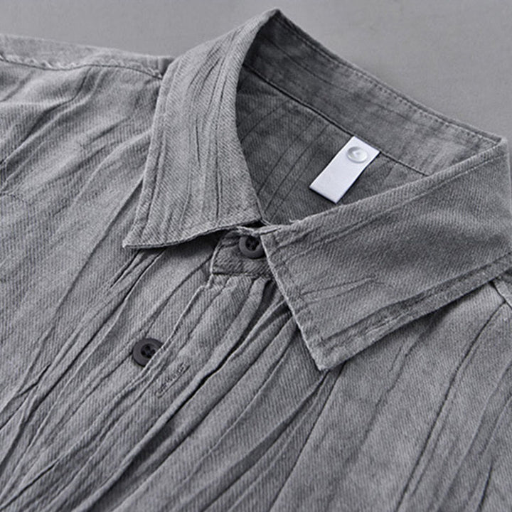 Buddha Stones無地 長袖 スタンドカラー シワ加工 ボタンダウン ラミーリネン メンズシャツ - image 5