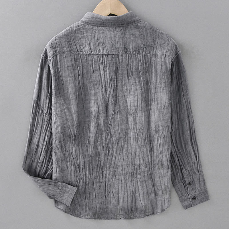 Buddha Stones無地 長袖 スタンドカラー シワ加工 ハーフボタン ラミー リネン メンズ シャツ - image 5