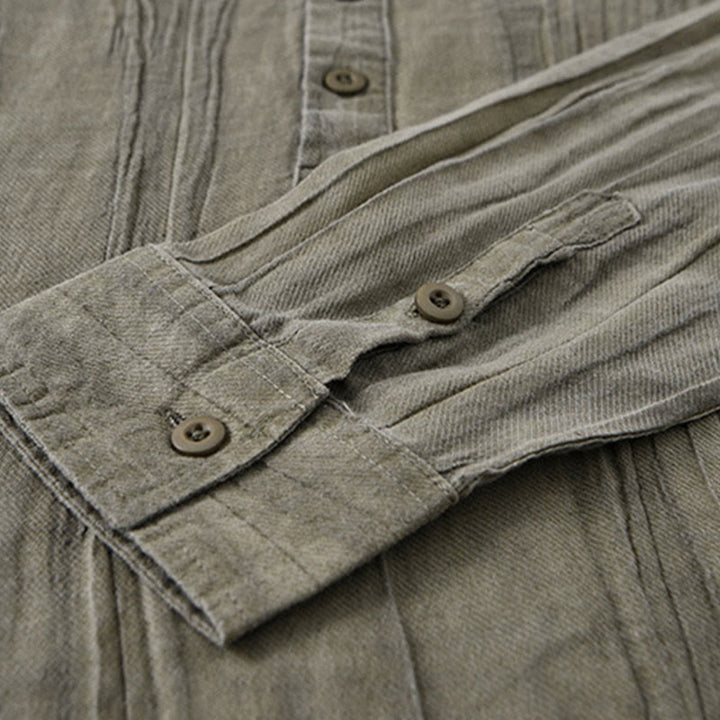 Buddha Stones無地 長袖 スタンドカラー シワ加工 ハーフボタン ラミー リネン メンズ シャツ - image 18