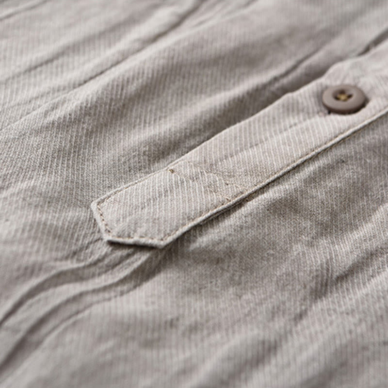 Buddha Stones無地 長袖 スタンドカラー シワ加工 ハーフボタン ラミー リネン メンズ シャツ - image 2