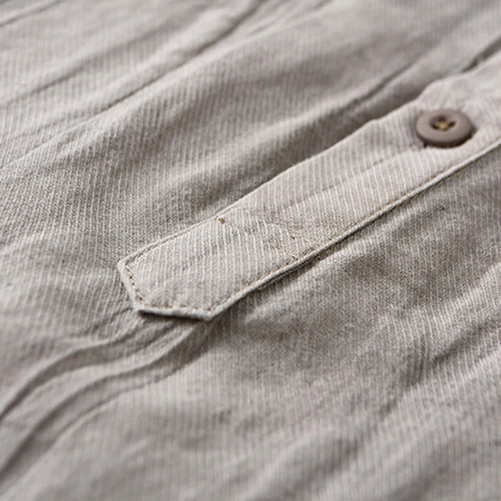 Buddha Stones無地 長袖 スタンドカラー シワ加工 ハーフボタン ラミー リネン メンズ シャツ - image 2