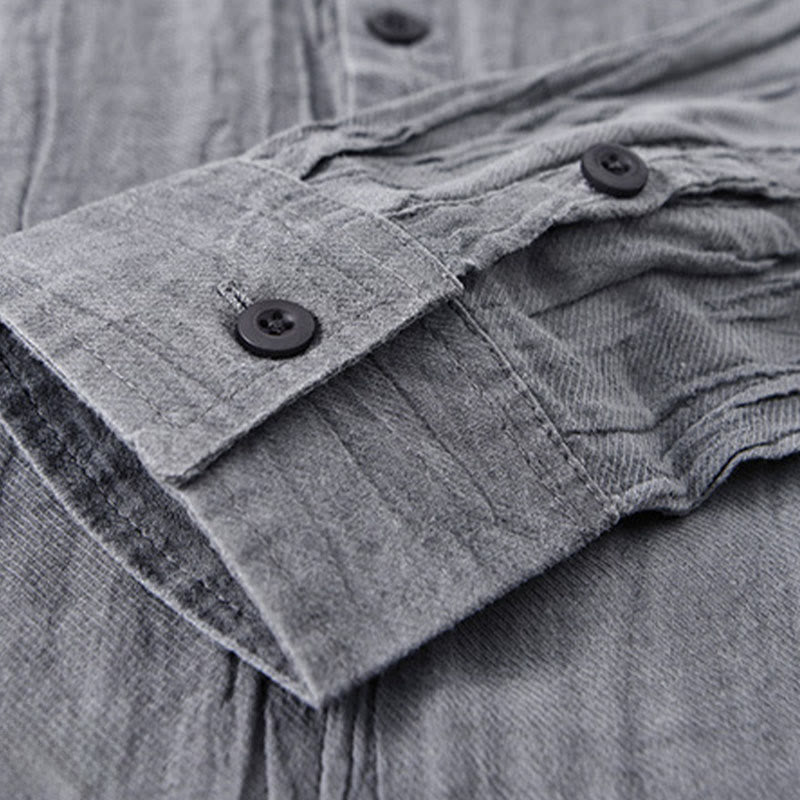 Buddha Stones無地 長袖 スタンドカラー シワ加工 ハーフボタン ラミー リネン メンズ シャツ - image 8