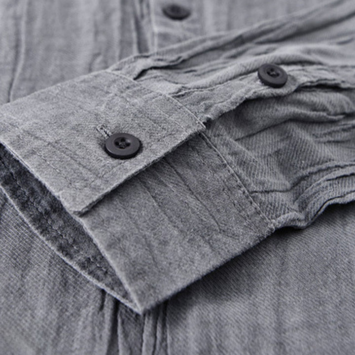 Buddha Stones無地 長袖 スタンドカラー シワ加工 ハーフボタン ラミー リネン メンズ シャツ - image 8