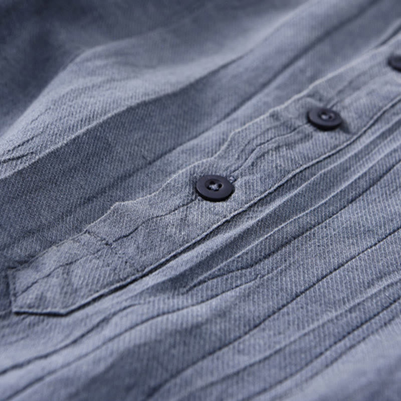Buddha Stones無地 長袖 スタンドカラー シワ加工 ハーフボタン ラミー リネン メンズ シャツ - image 13