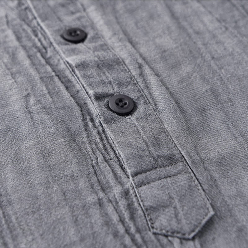 Buddha Stones無地 長袖 スタンドカラー シワ加工 ハーフボタン ラミー リネン メンズ シャツ - image 7