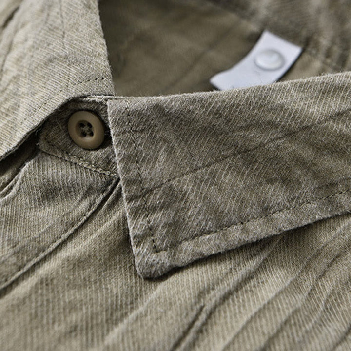 Buddha Stones無地 長袖 スタンドカラー シワ加工 ハーフボタン ラミー リネン メンズ シャツ - image 16