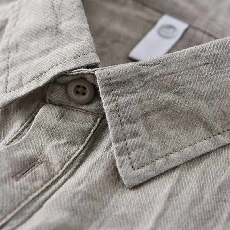 Buddha Stones無地 長袖 スタンドカラー シワ加工 ハーフボタン ラミー リネン メンズ シャツ - image 1