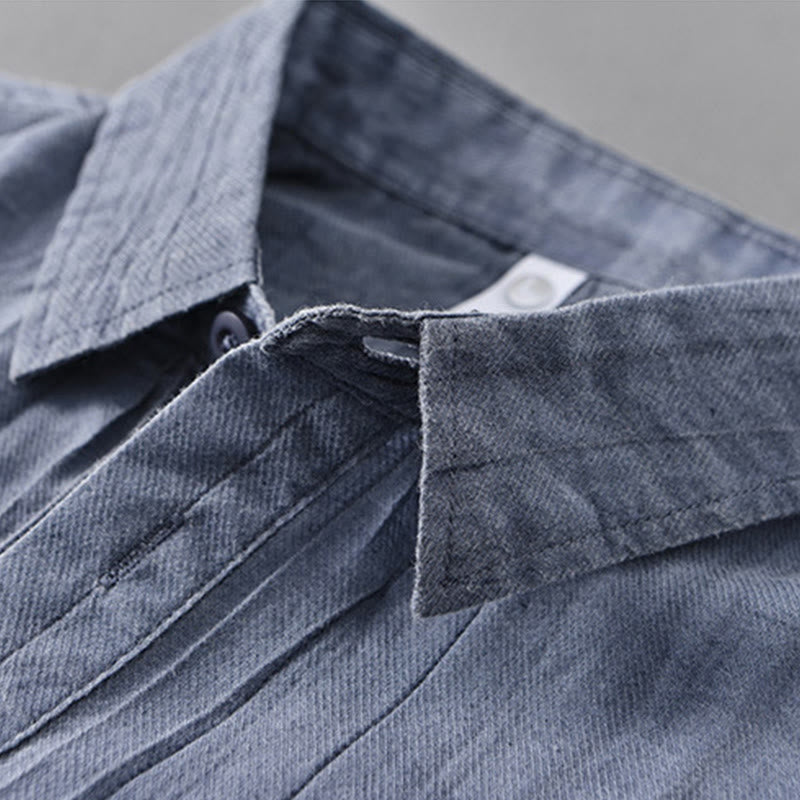 Buddha Stones無地 長袖 スタンドカラー シワ加工 ハーフボタン ラミー リネン メンズ シャツ - image 12