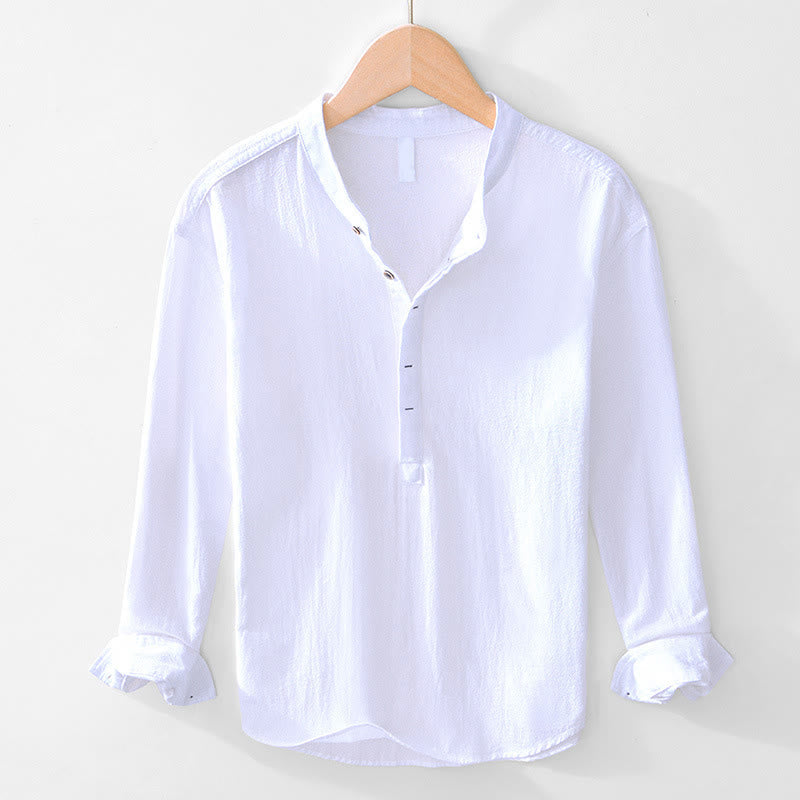 Buddha Stones春秋 無地 長袖 ハーフボタン コットン メンズシャツ - 白 - US/UK/AU44、 EU54 (4XL) - image 1