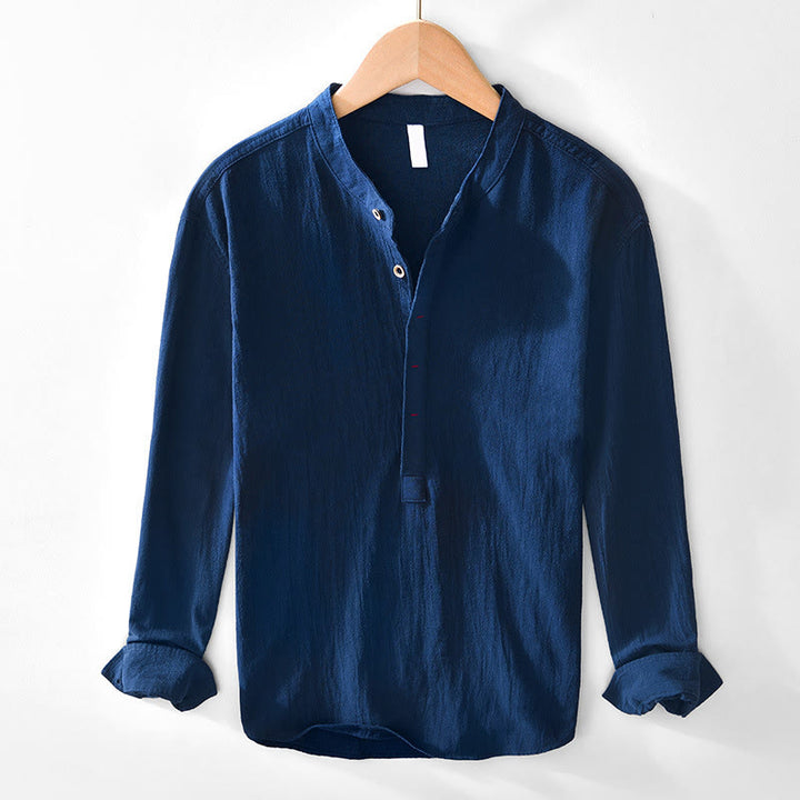 Buddha Stones春秋 無地 長袖 ハーフボタン コットン メンズシャツ - 海軍 - US/UK/AU44、 EU54 (4XL) - image 3