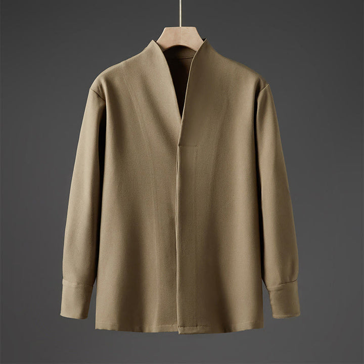 Buddha Stones無地 秋 長袖 隠しハーフボタンデザイン メンズシャツ - ダークカーキ - US/UK/AU46、 EU56 (5XL) - image 10