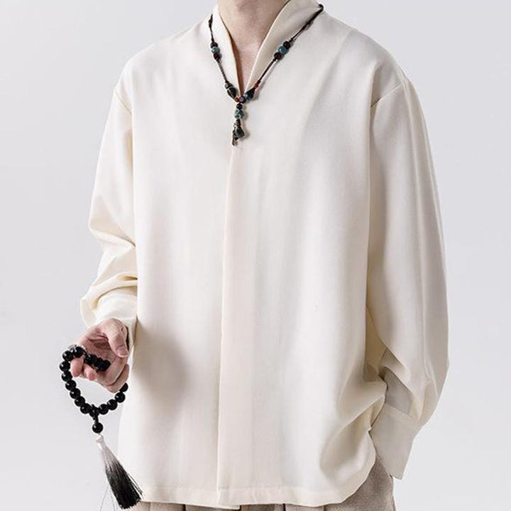 Buddha Stones無地 秋 長袖 隠しハーフボタンデザイン メンズシャツ - image 2