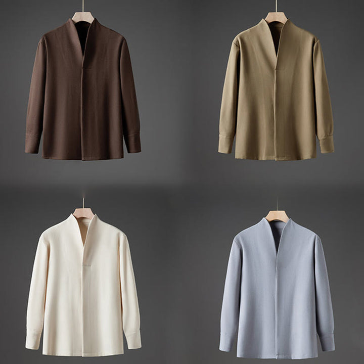 Buddha Stones無地 秋 長袖 隠しハーフボタンデザイン メンズシャツ - image 17