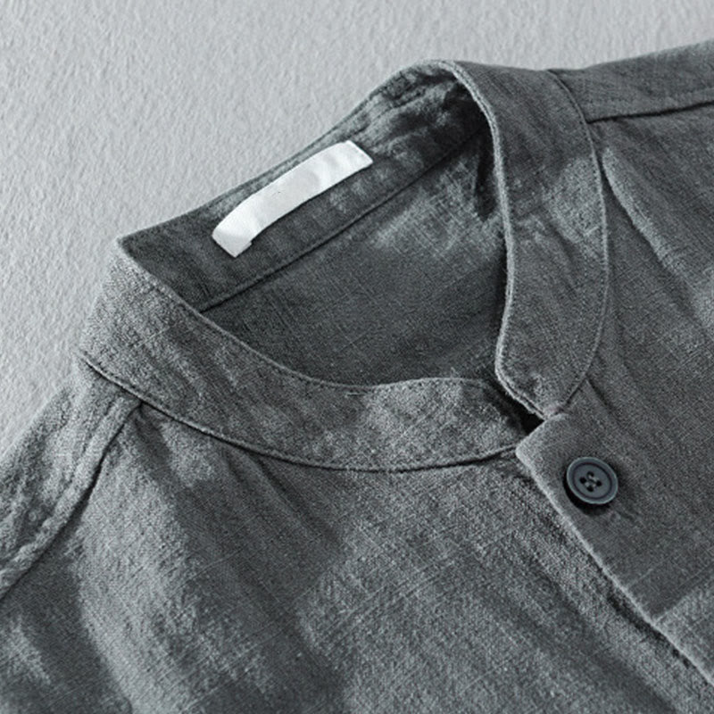 Buddha Stones無地 長袖 ボタンダウン ラミーコットン メンズ シャツ ポケット付き - image 3