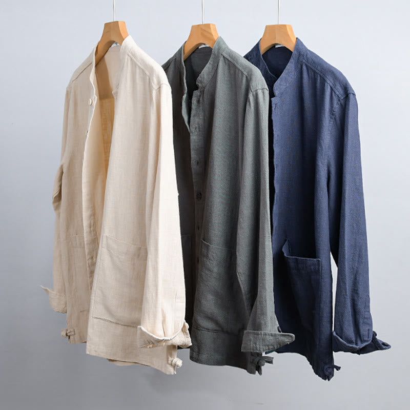 Buddha Stones無地 長袖 ボタンダウン ラミーコットン メンズ シャツ ポケット付き - image 1