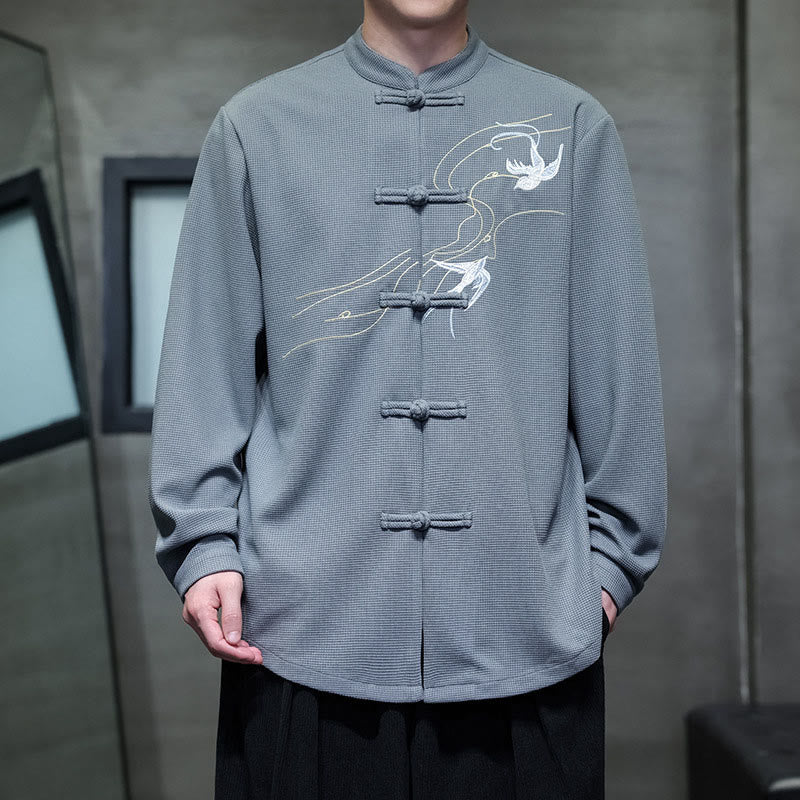 Buddha Stonesカエルボタン ツバメ刺繍 スタンドカラー 長袖 唐装 メンズシャツ - ライトスチールブルー - US/UK/AU46、 EU56 (5XL) - image 13