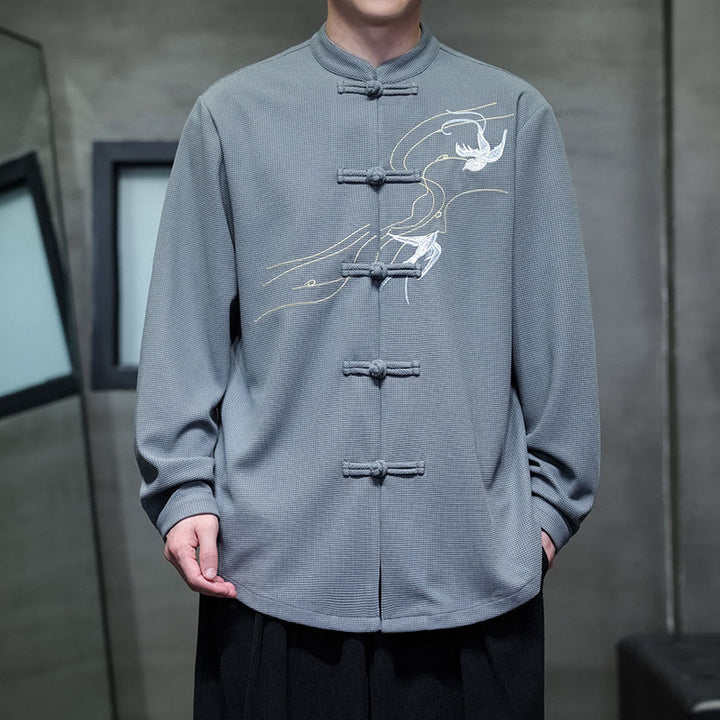 Buddha Stonesカエルボタン ツバメ刺繍 スタンドカラー 長袖 唐装 メンズシャツ - ライトスチールブルー - US/UK/AU46、 EU56 (5XL) - image 13