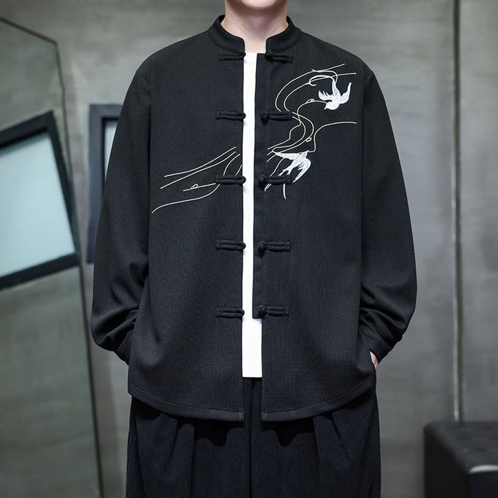 Buddha Stonesカエルボタン ツバメ刺繍 スタンドカラー 長袖 唐装 メンズシャツ - image 2