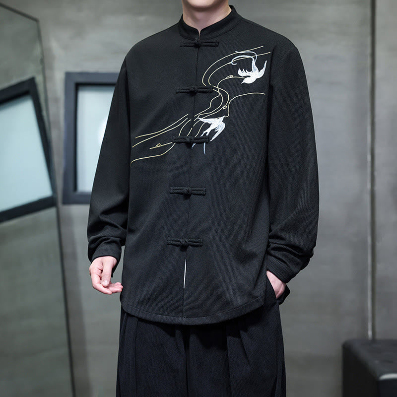 Buddha Stonesカエルボタン ツバメ刺繍 スタンドカラー 長袖 唐装 メンズシャツ - image 1