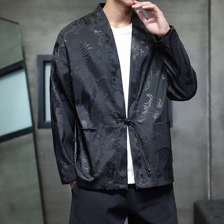 Buddha Stonesカエルボタン ドラゴン ジャカード スタンドカラー 長袖 唐装 メンズシャツ - image 1