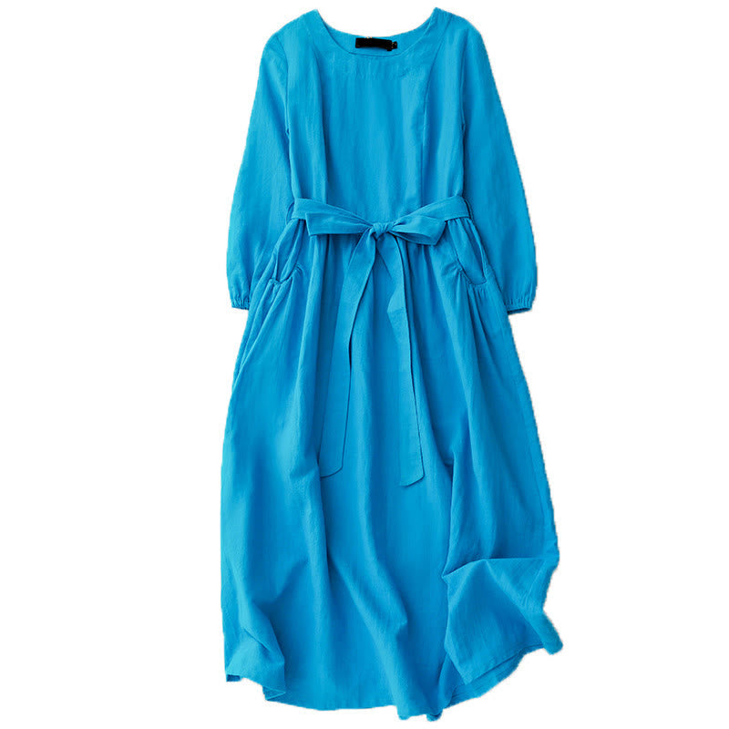 Buddha Stones無地 長袖 レースアップデザイン レディース コットン ミディドレス ポケット付き - image 10