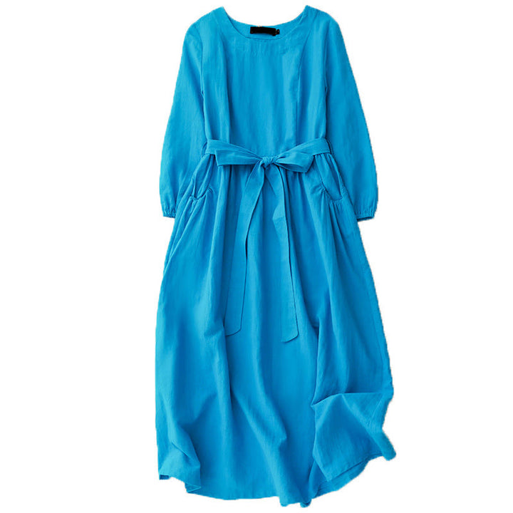 Buddha Stones無地 長袖 レースアップデザイン レディース コットン ミディドレス ポケット付き - image 10