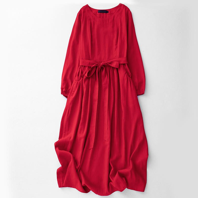 Buddha Stones無地 長袖 レースアップデザイン レディース コットン ミディドレス ポケット付き - 赤 - US8-10,UK/AU12-14,EU40-42 (2XL) - image 11