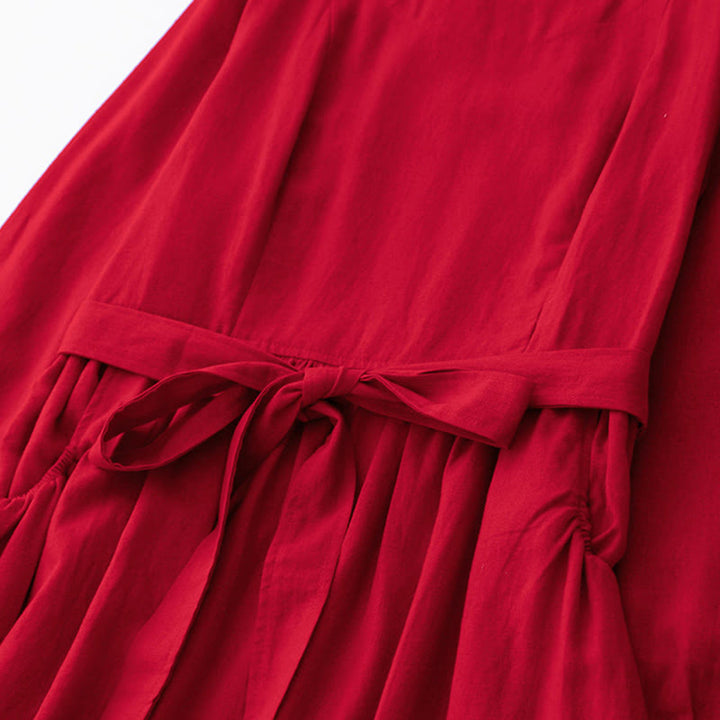 Buddha Stones無地 長袖 レースアップデザイン レディース コットン ミディドレス ポケット付き - image 15