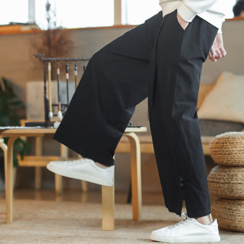 Buddha Stones秋巾着中国風フロッグボタンメンズワイドレッグコットンパンツポケット付き - image 19