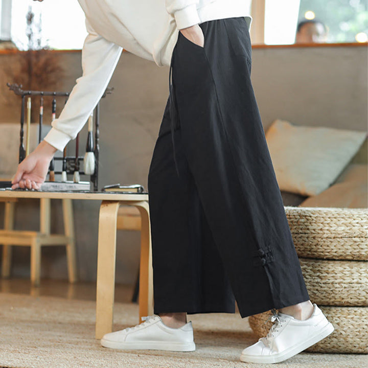 Buddha Stones秋巾着中国風フロッグボタンメンズワイドレッグコットンパンツポケット付き - image 20