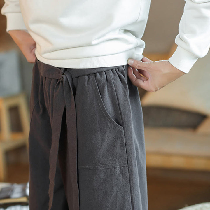 Buddha Stones秋巾着中国風フロッグボタンメンズワイドレッグコットンパンツポケット付き - image 11