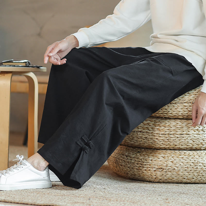 Buddha Stones秋巾着中国風フロッグボタンメンズワイドレッグコットンパンツポケット付き - image 21