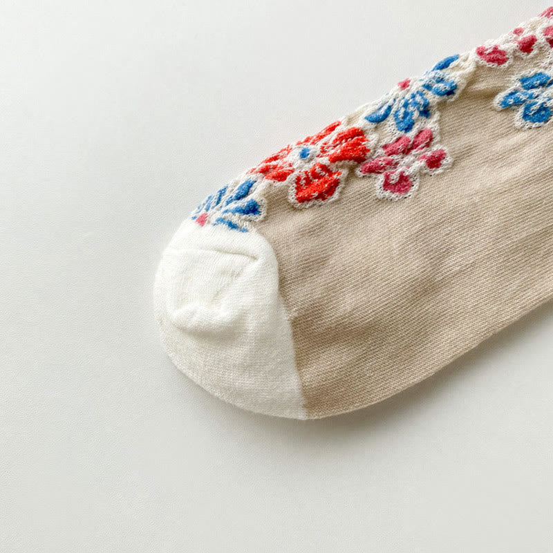 Buddha Stonesエスニック テクスチャード フローラル コントラストカラーデザイン レディース マイクロクルー コットンソックス - image 5