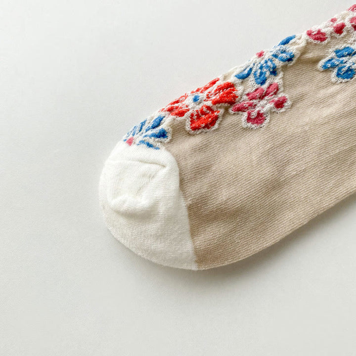 Buddha Stonesエスニック テクスチャード フローラル コントラストカラーデザイン レディース マイクロクルー コットンソックス - image 5