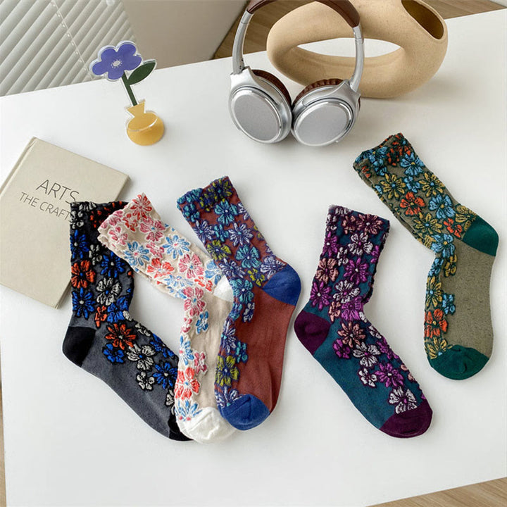 Buddha Stonesエスニック テクスチャード フローラル コントラストカラーデザイン レディース マイクロクルー コットンソックス - image 20