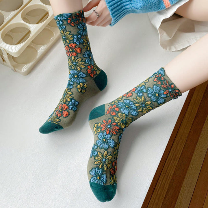 Buddha Stonesエスニック テクスチャード フローラル コントラストカラーデザイン レディース マイクロクルー コットンソックス - image 14