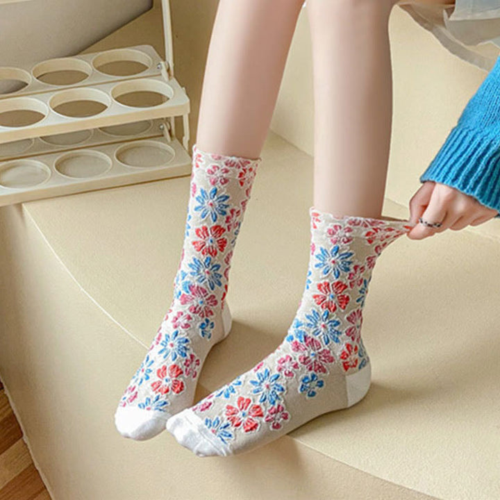 Buddha Stonesエスニック テクスチャード フローラル コントラストカラーデザイン レディース マイクロクルー コットンソックス - image 9