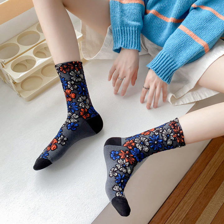 Buddha Stonesエスニック テクスチャード フローラル コントラストカラーデザイン レディース マイクロクルー コットンソックス - image 3