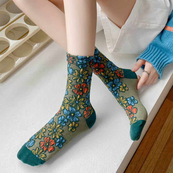 Buddha Stonesエスニック テクスチャード フローラル コントラストカラーデザイン レディース マイクロクルー コットンソックス - image 12