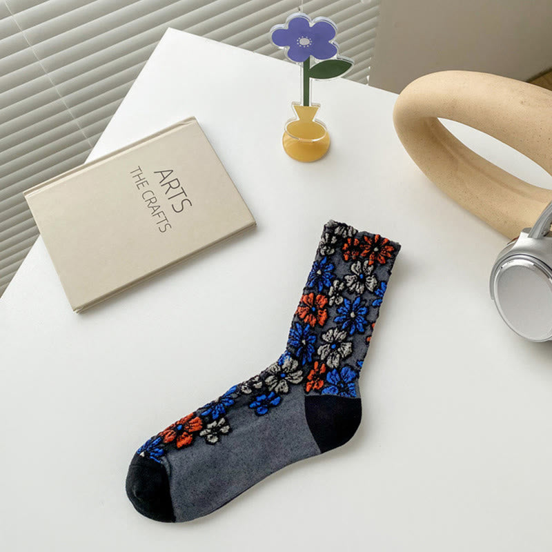 Buddha Stonesエスニック テクスチャード フローラル コントラストカラーデザイン レディース マイクロクルー コットンソックス - 黒 - フリーサイズ (US4–9、EU34–39、UK/AU2.5-6、Asia22-24.5cm) - image 1