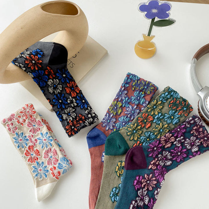 Buddha Stonesエスニック テクスチャード フローラル コントラストカラーデザイン レディース マイクロクルー コットンソックス - image 17