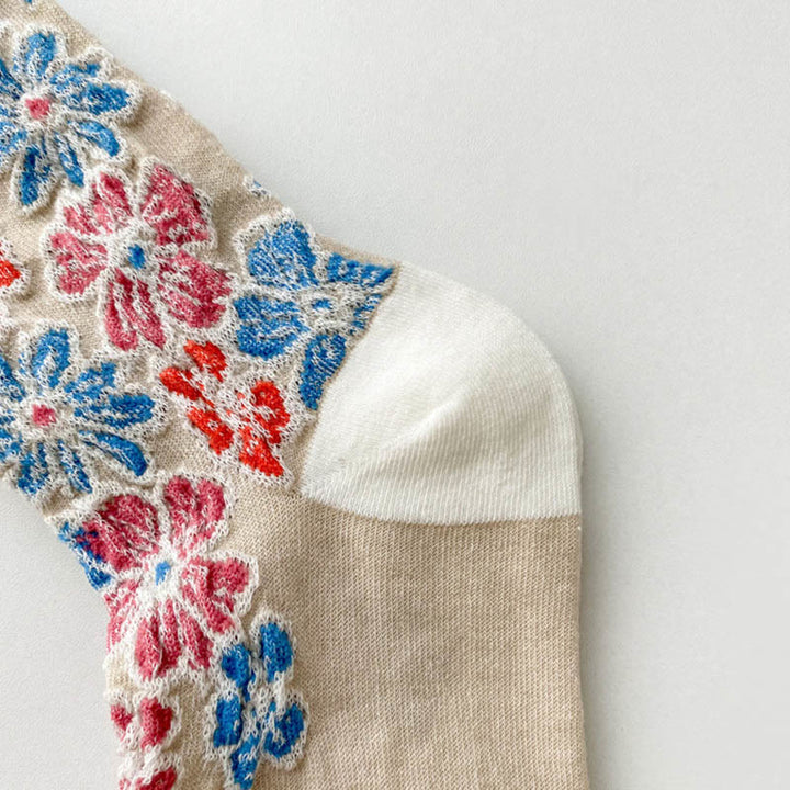 Buddha Stonesエスニック テクスチャード フローラル コントラストカラーデザイン レディース マイクロクルー コットンソックス - image 6