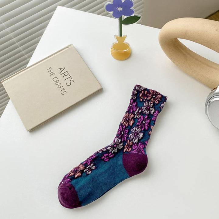 Buddha Stonesエスニック テクスチャード フローラル コントラストカラーデザイン レディース マイクロクルー コットンソックス - ダークマゼンタ - フリーサイズ (US4–9、EU34–39、UK/AU2.5-6、Asia22-24.5cm) - image 10