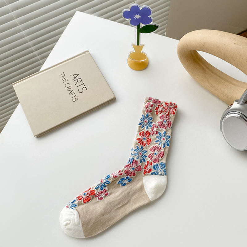 Buddha Stonesエスニック テクスチャード フローラル コントラストカラーデザイン レディース マイクロクルー コットンソックス - タン - フリーサイズ (US4–9、EU34–39、UK/AU2.5-6、Asia22-24.5cm) - image 4