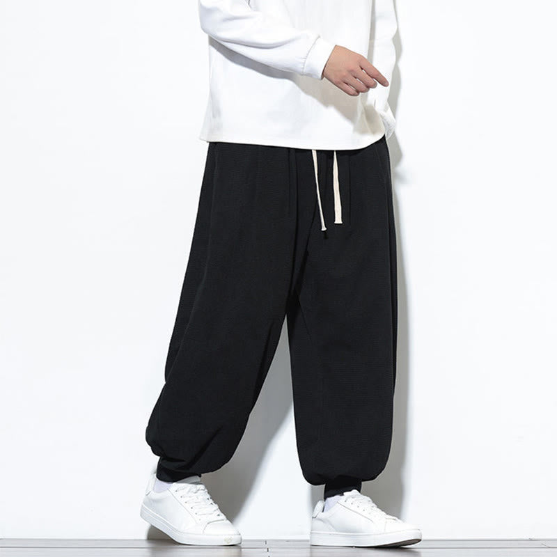 Buddha Stones秋 プレーン ドローストリング シンプルデザイン メンズ ハーレム コットン コーデュロイ パンツ ポケット付き - image 26