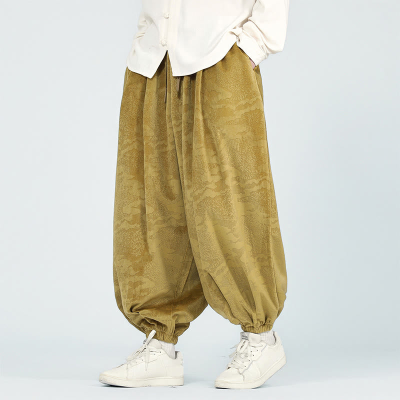 Buddha Stones秋冬 無地 ジャカードデザイン ドローストリング メンズ ハーレムパンツ ポケット付き - image 1