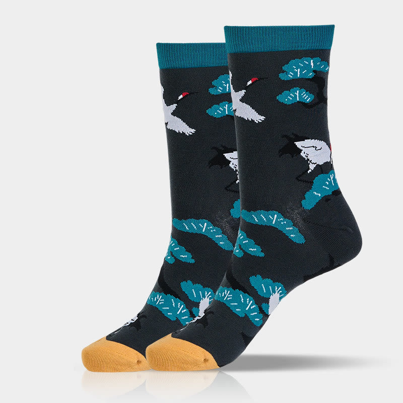 Buddha Stonesカジュアル ホワイト クレーン パインツリー デザイン マイクロ クルー レディース ソックス - image 6